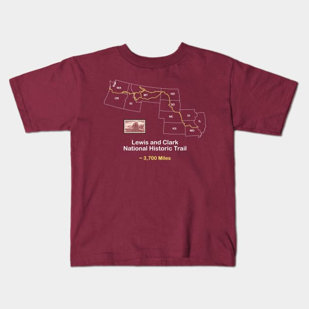 Route Map Design, The Lewis and Clark Trail Kids T-Shirt by numpdog